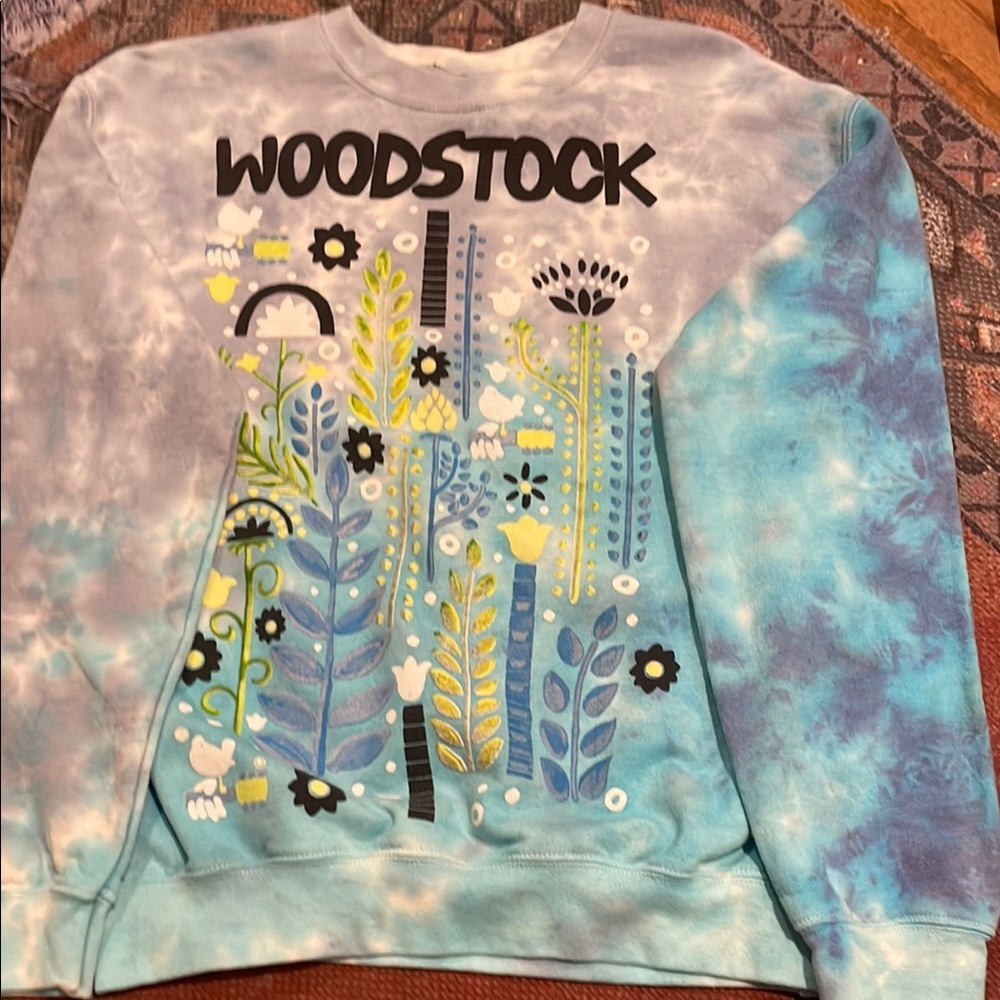 Woodstock design tie dye crew neck sweatshirt.